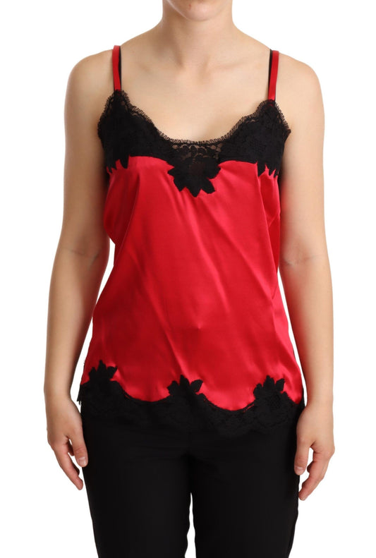 Red Floral Lace Trimmed Silk Satin Camisole Top