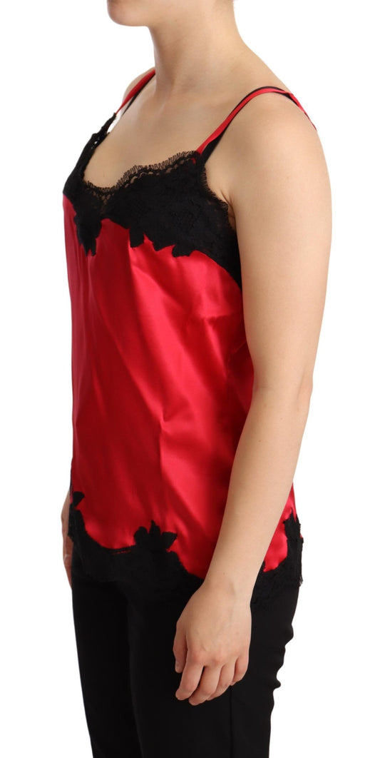 Red Floral Lace Trimmed Silk Satin Camisole Top