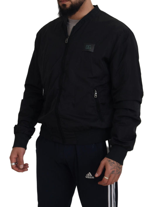 Black Nylon Logo Bomber Zipper Jacket