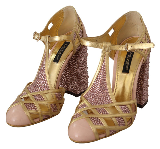 Pink Gold Leather Crystal Pumps T-strap Shoes