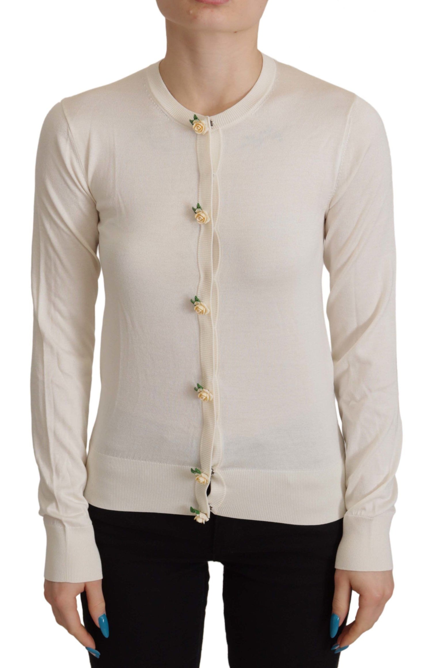 White Silk Knit Rose Button Cardigan Sweater