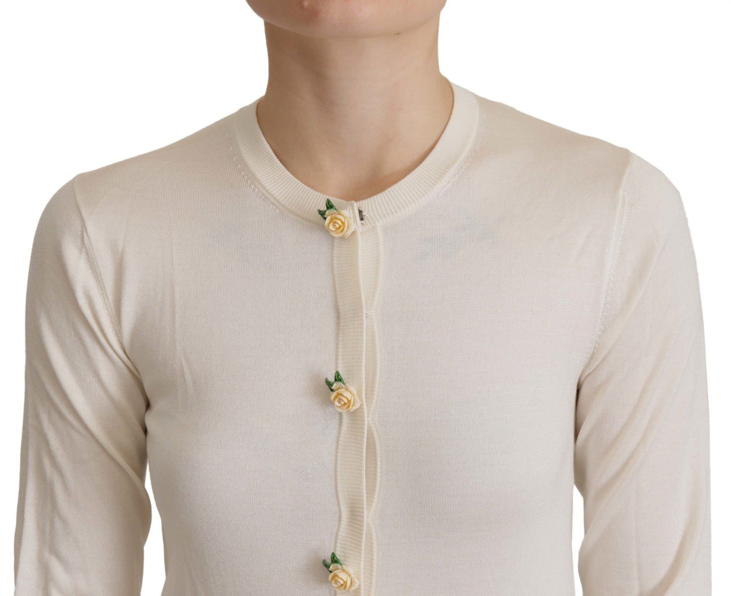 White Silk Knit Rose Button Cardigan Sweater