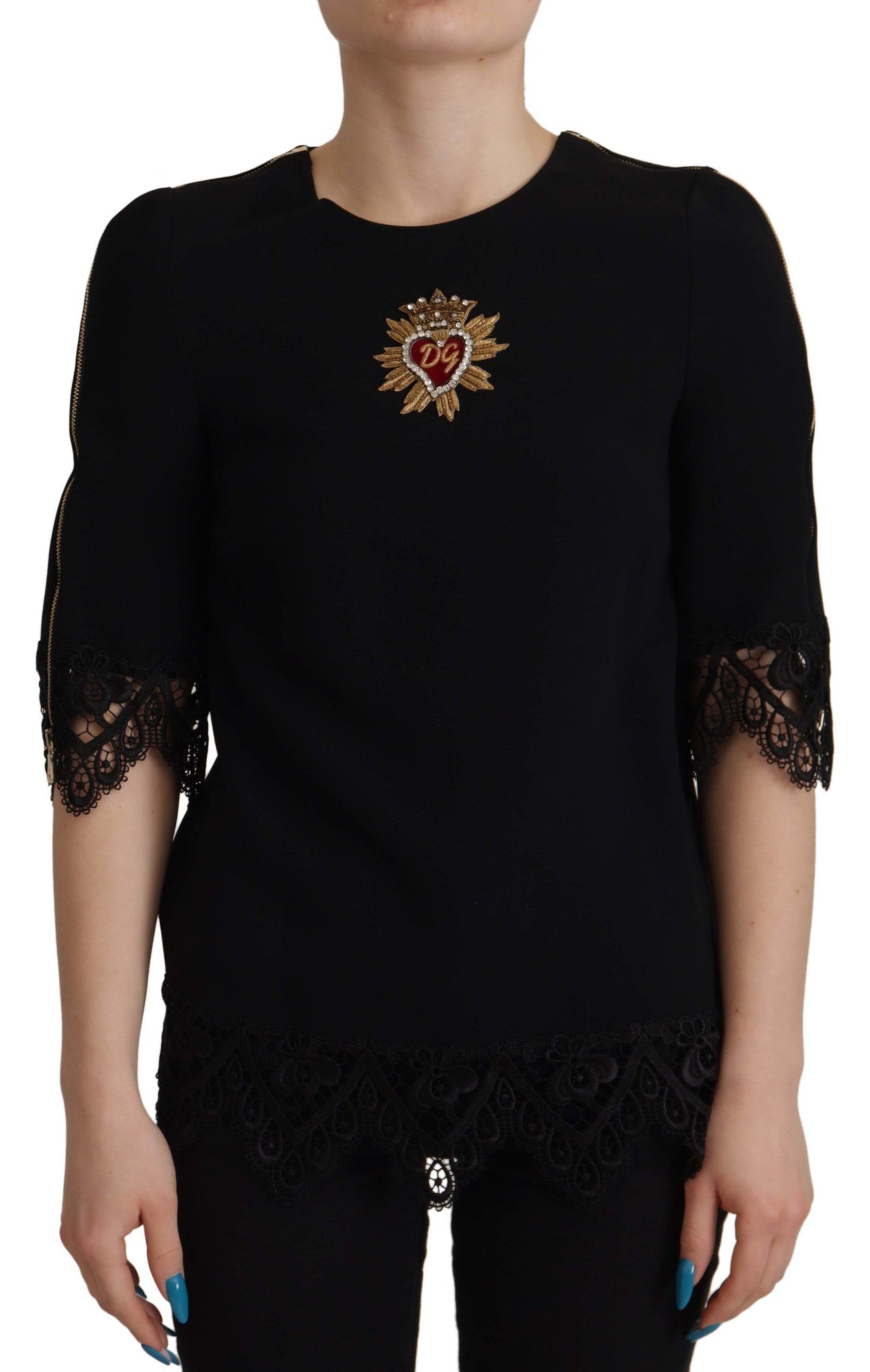 Elegant Beaded Logo Zip Sleeve Blouse