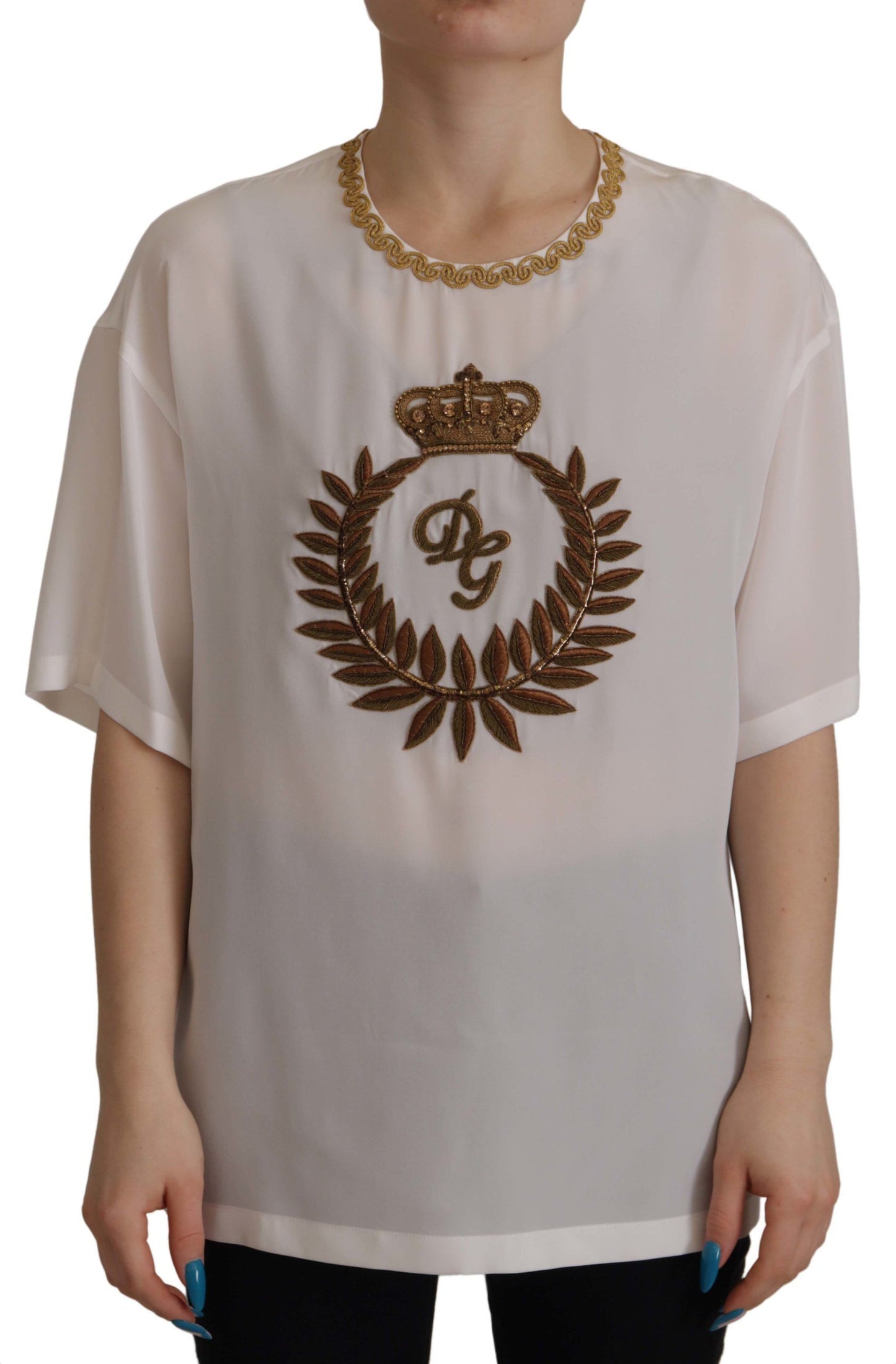 Elegant Silk Blouse with Gold Crown Embroidery