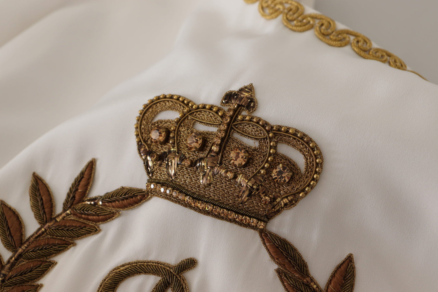 Elegant Silk Blouse with Gold Crown Embroidery