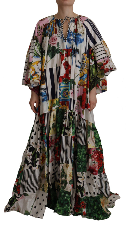 Multicolor Maxi Kaftan Patchwork Poplin Floral Dress