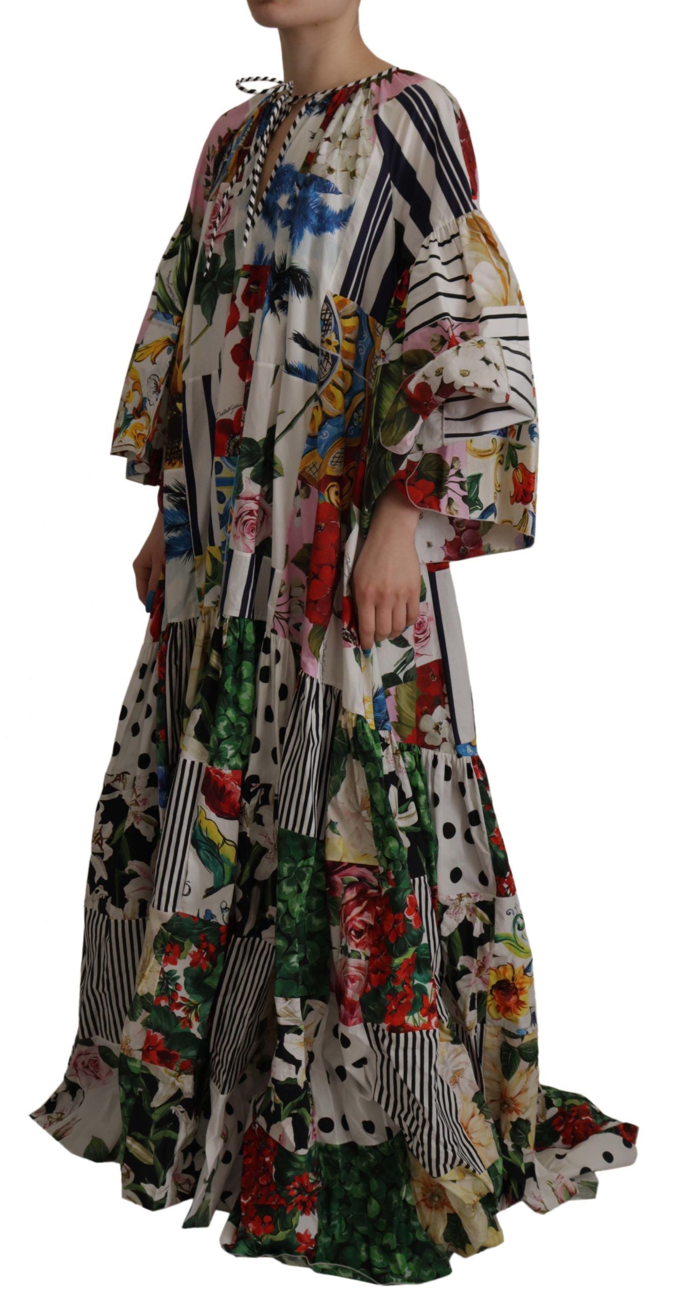 Multicolor Maxi Kaftan Patchwork Poplin Floral Dress