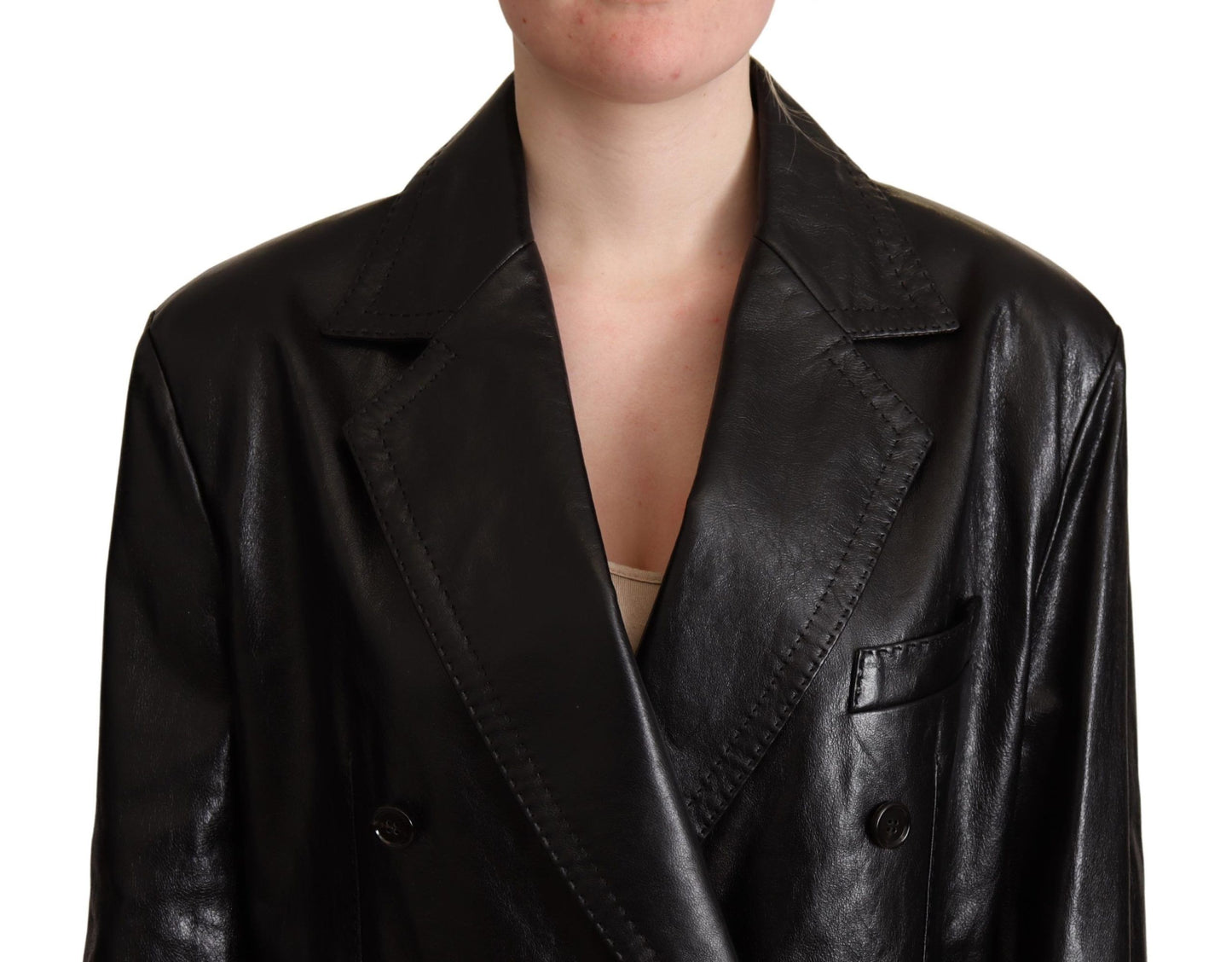 Elegant Black Leather Double-Breasted Jacket