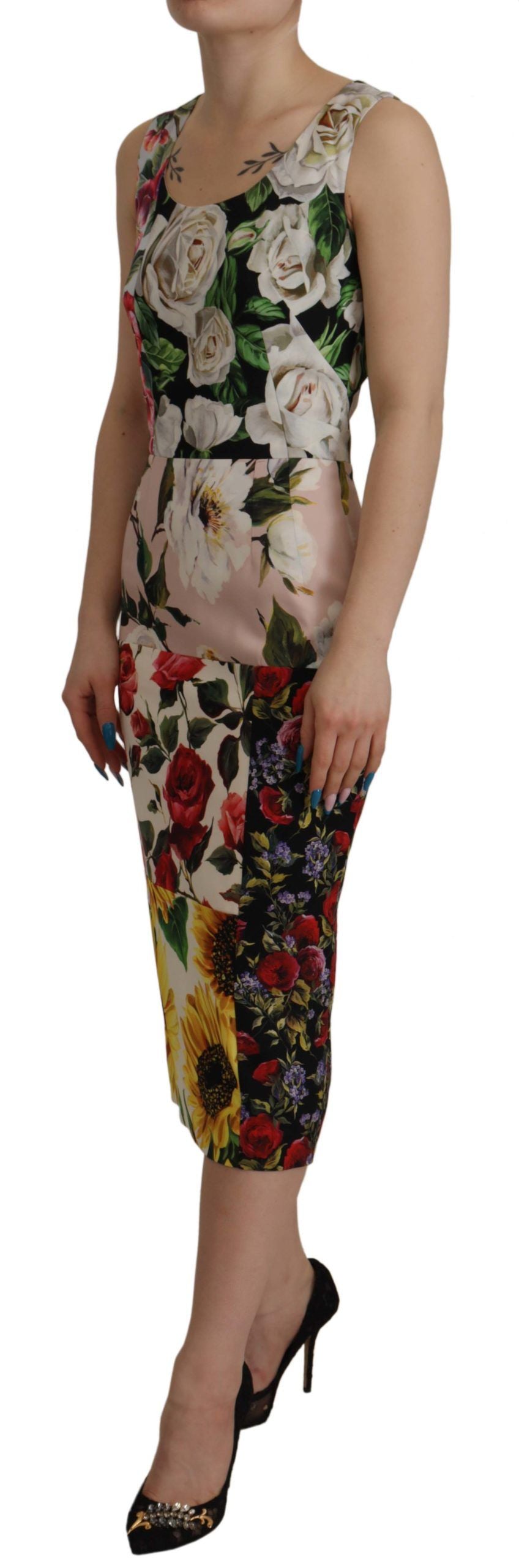 Patchwork Floral Midi Sheath Dress