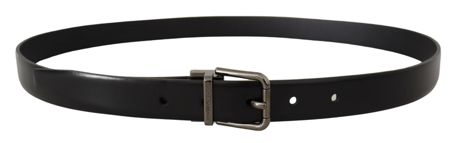 Sleek Black Leather Belt with Metallic Buckle