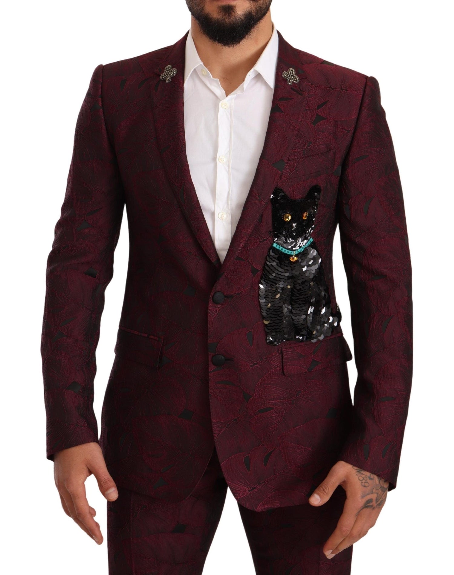 Elegant Maroon Leaf Pattern Two-Piece Suit