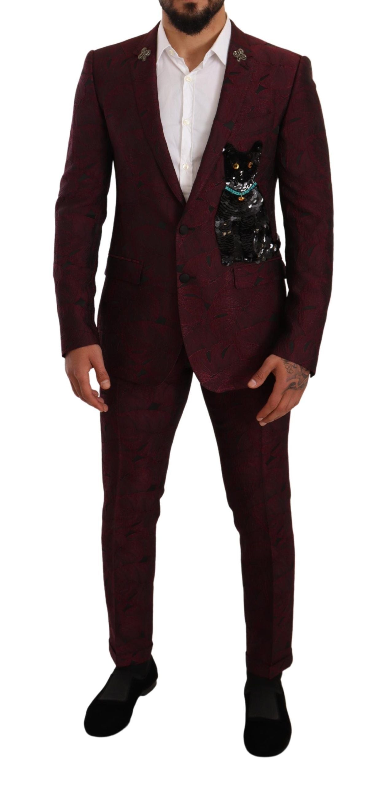 Elegant Maroon Leaf Pattern Two-Piece Suit