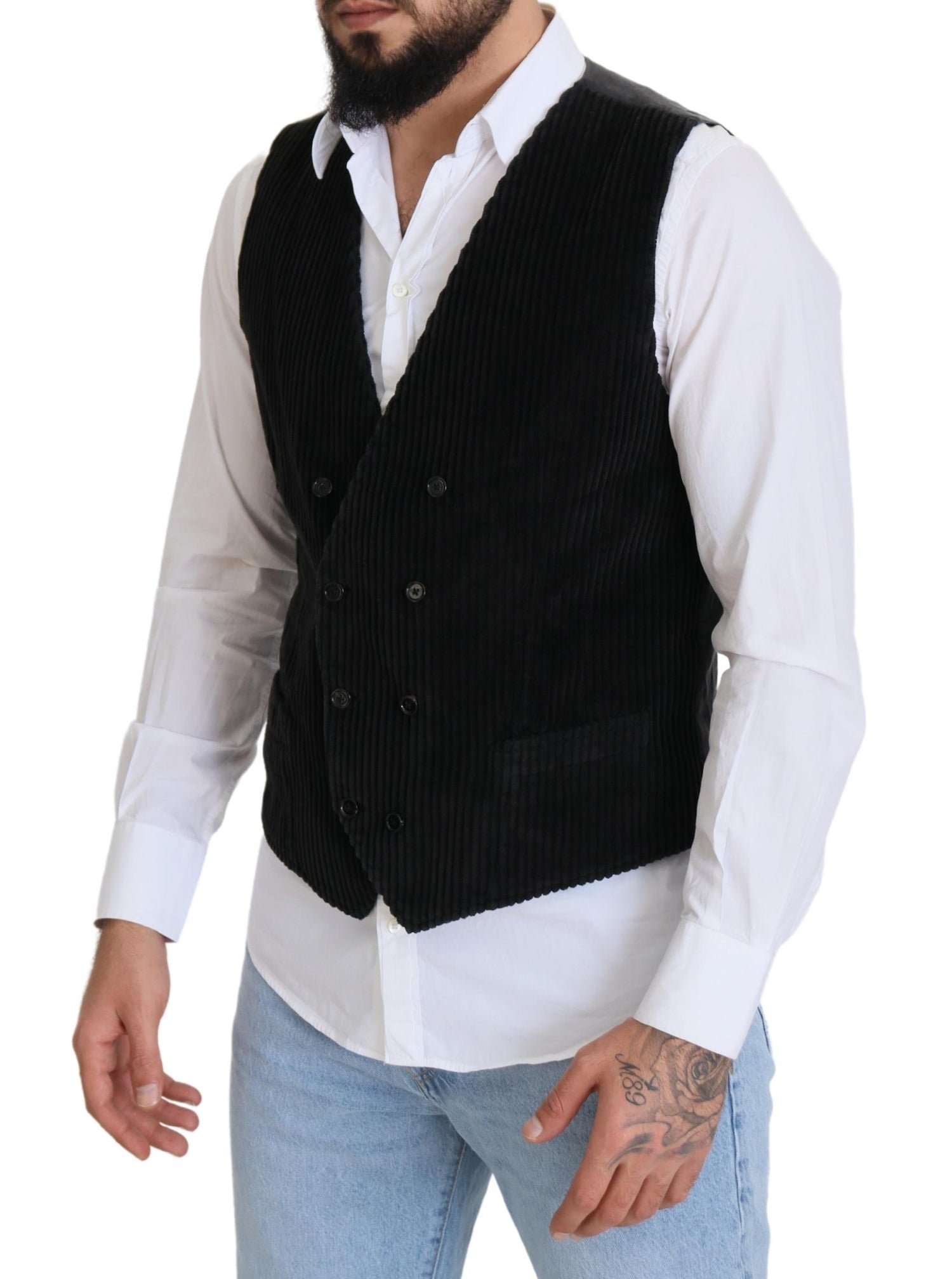 Black Cotton Double Breasted Waistcoat Vest