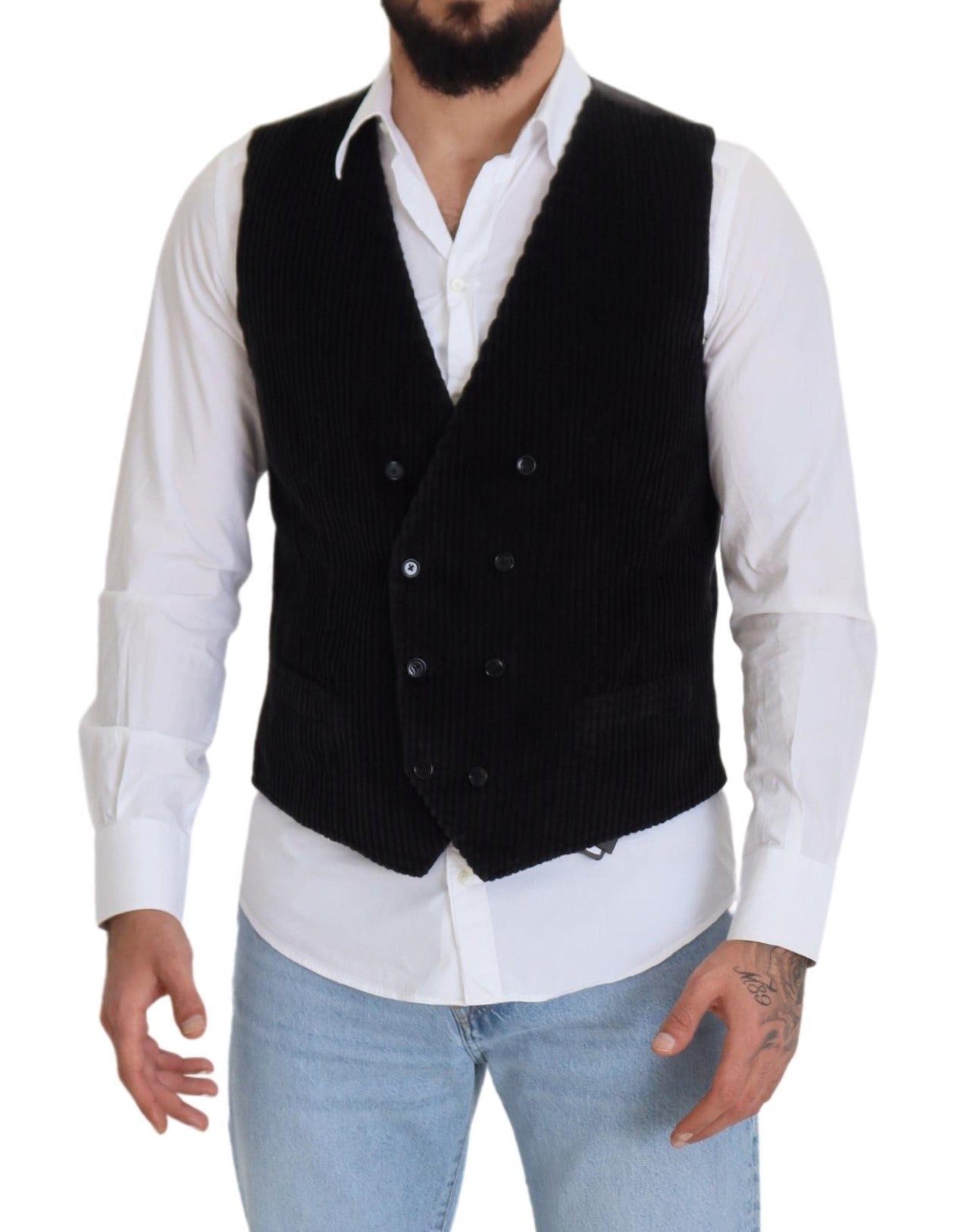 Black Cotton Double Breasted Waistcoat Vest