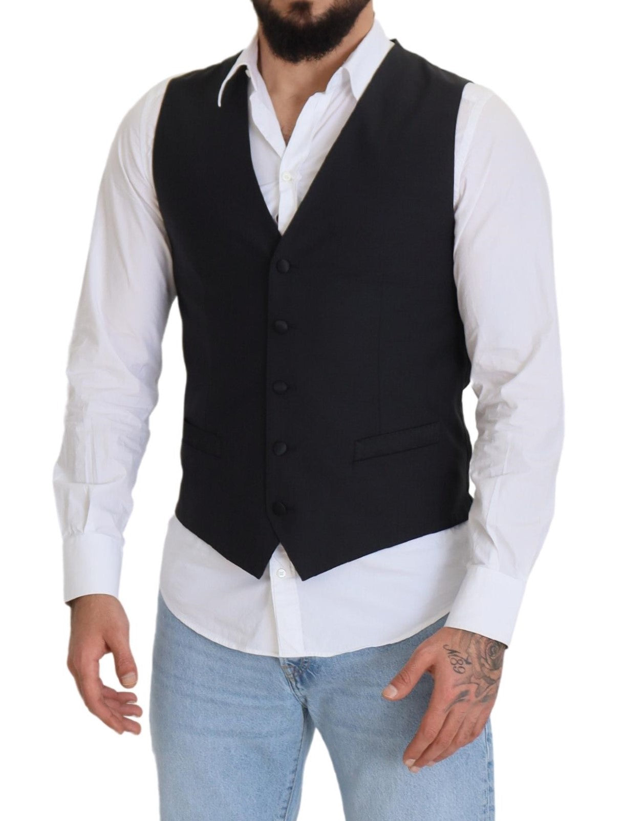 Black Wool Stretch Waistcoat Formal Vest