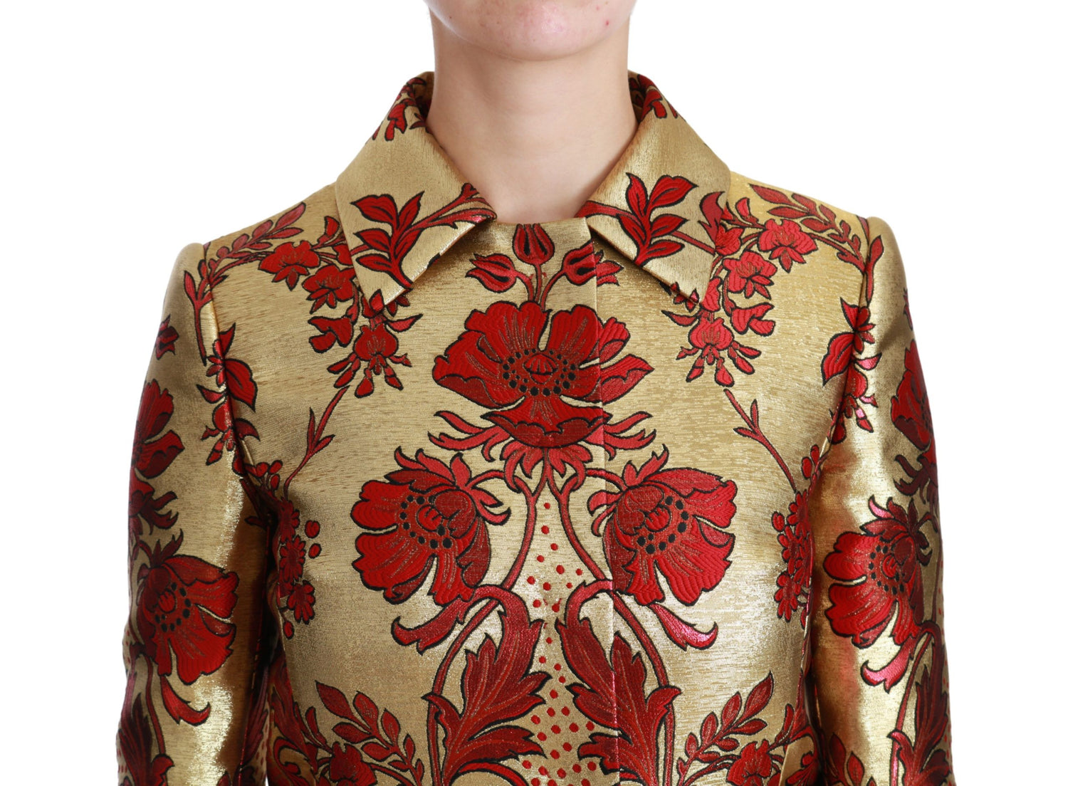 Elegant Gold Floral Brocade Trench Coat