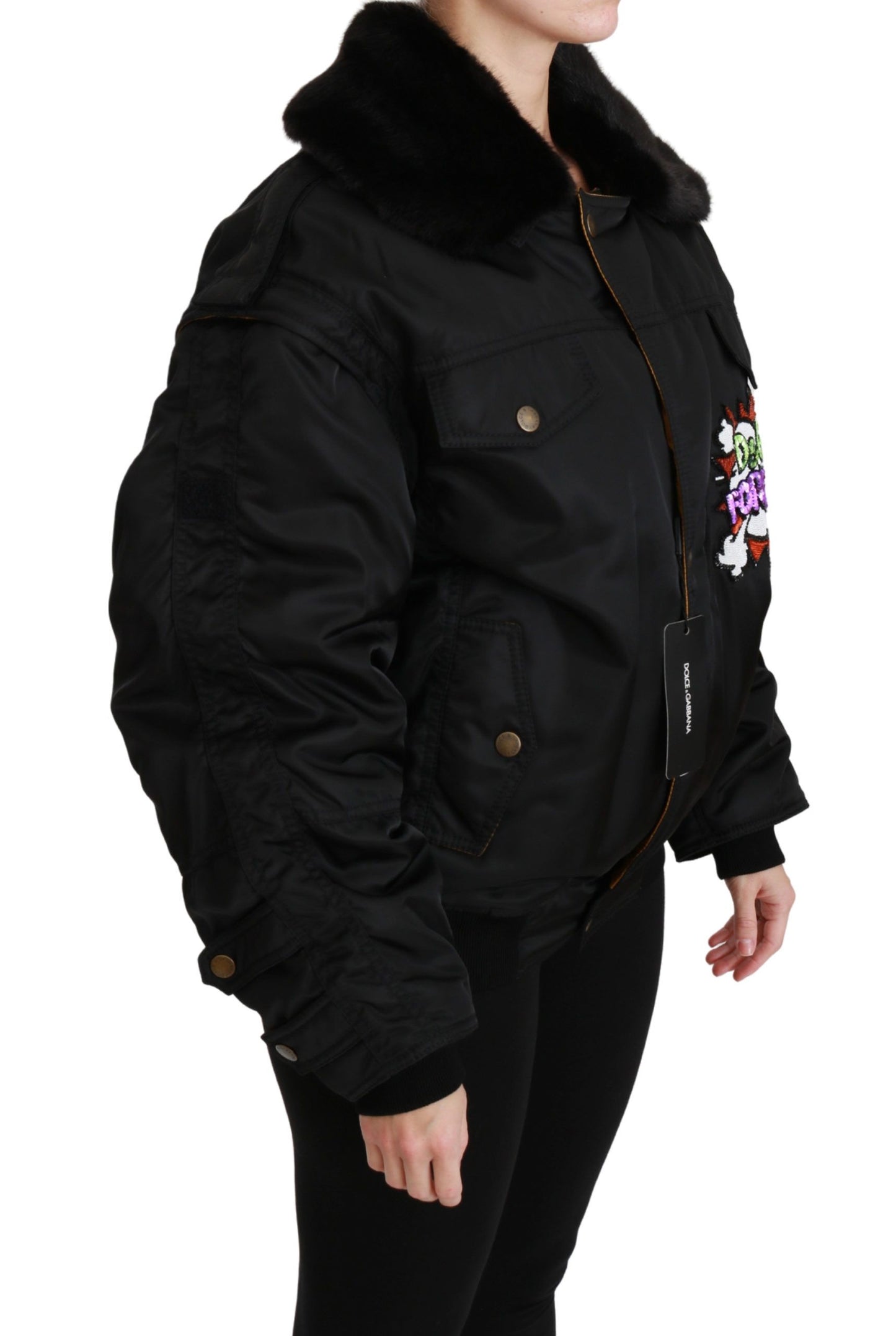 Elegant Black Bomber Jacket with Detachable Features