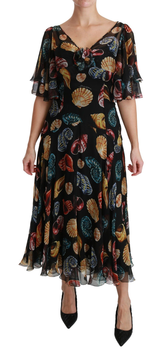 Elegant Sea Shells Print Silk Midi Dress