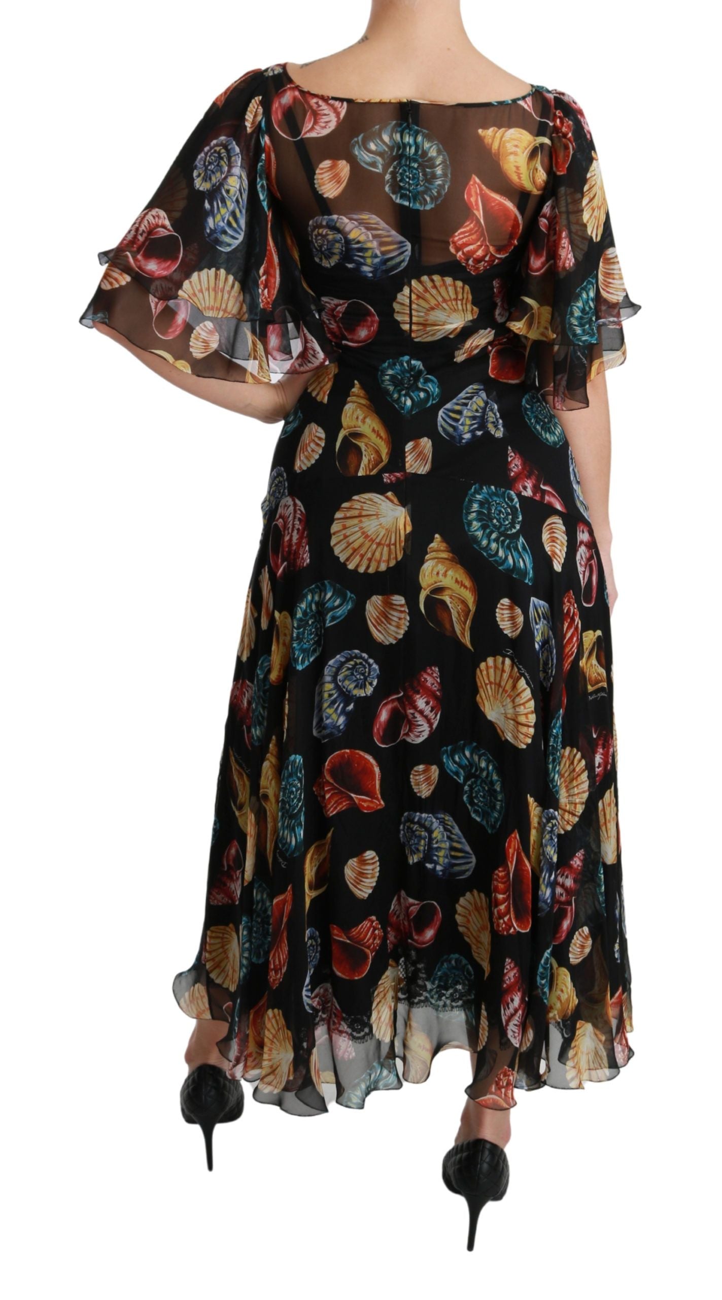 Elegant Sea Shells Print Silk Midi Dress