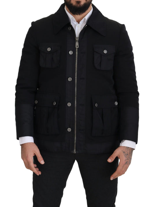 Elegant Full Zip Black Wool Blend Jacket