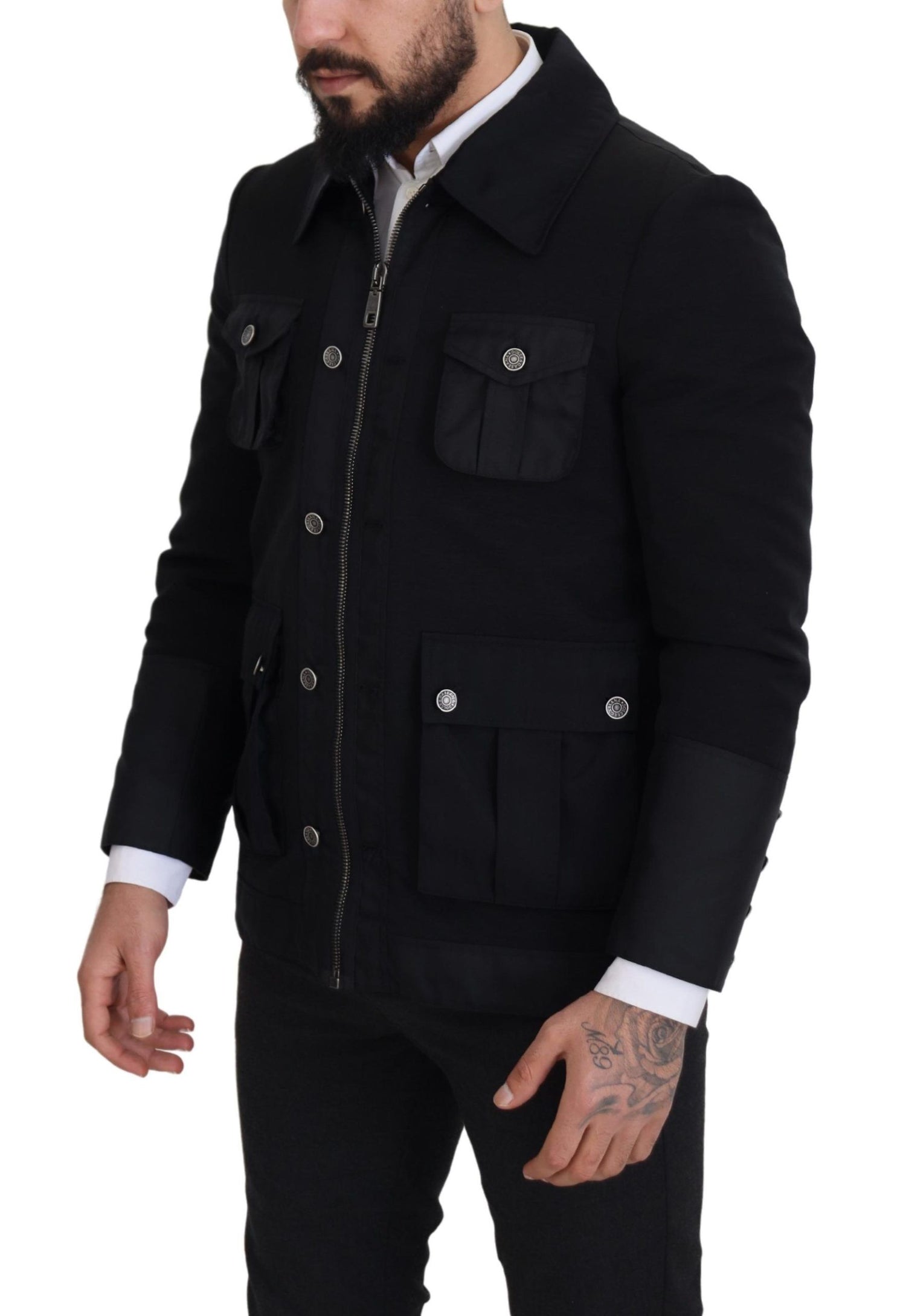 Elegant Full Zip Black Wool Blend Jacket