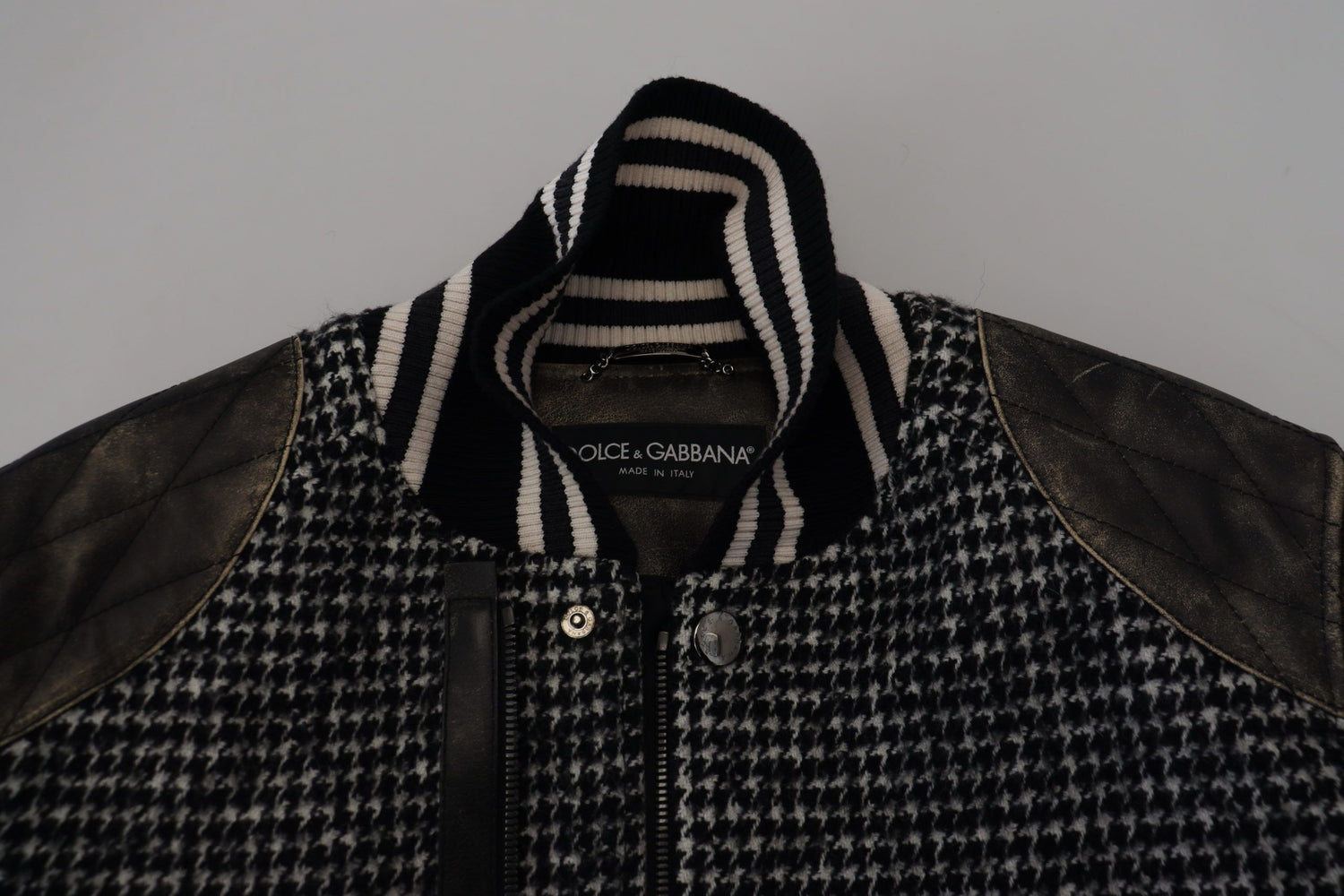 Multicolor Houndstooth Leather Bomber Jacket