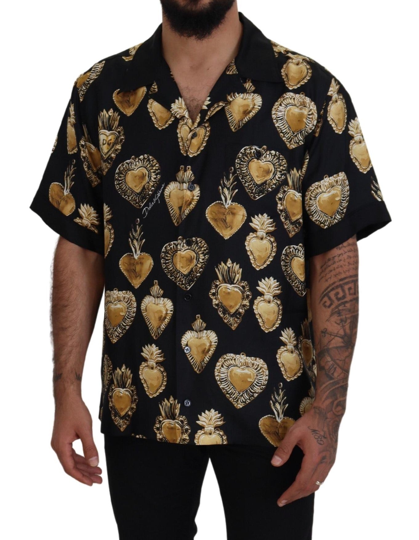 Elegant Silk Pajama Look Shirt with Gold Hearts