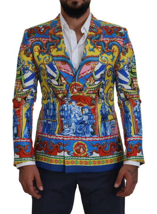 Multicolor Dragon Print Silk Slim Fit Blazer