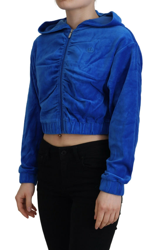 Blue Cotton Full Zip Cropped Hooded Sweatshirt Sweater