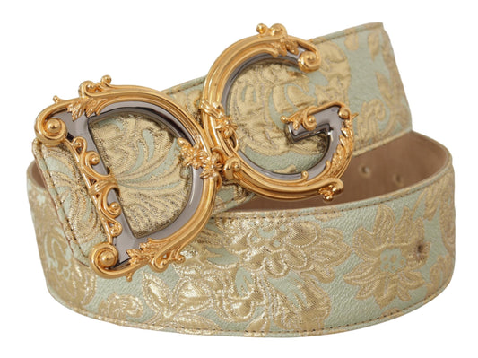 Engraved Buckle Leather Belt - Green & Gold