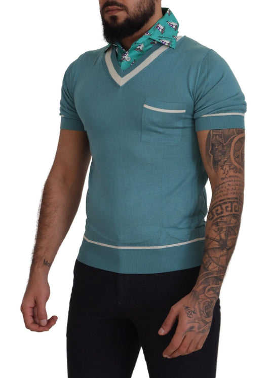 Blue Silk Polo Top Mens V-neck  T-shirt