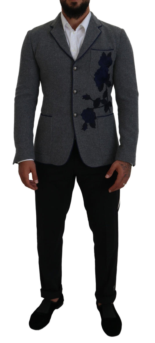 Gray Wool Roses Slim Fit Jacket Blazer