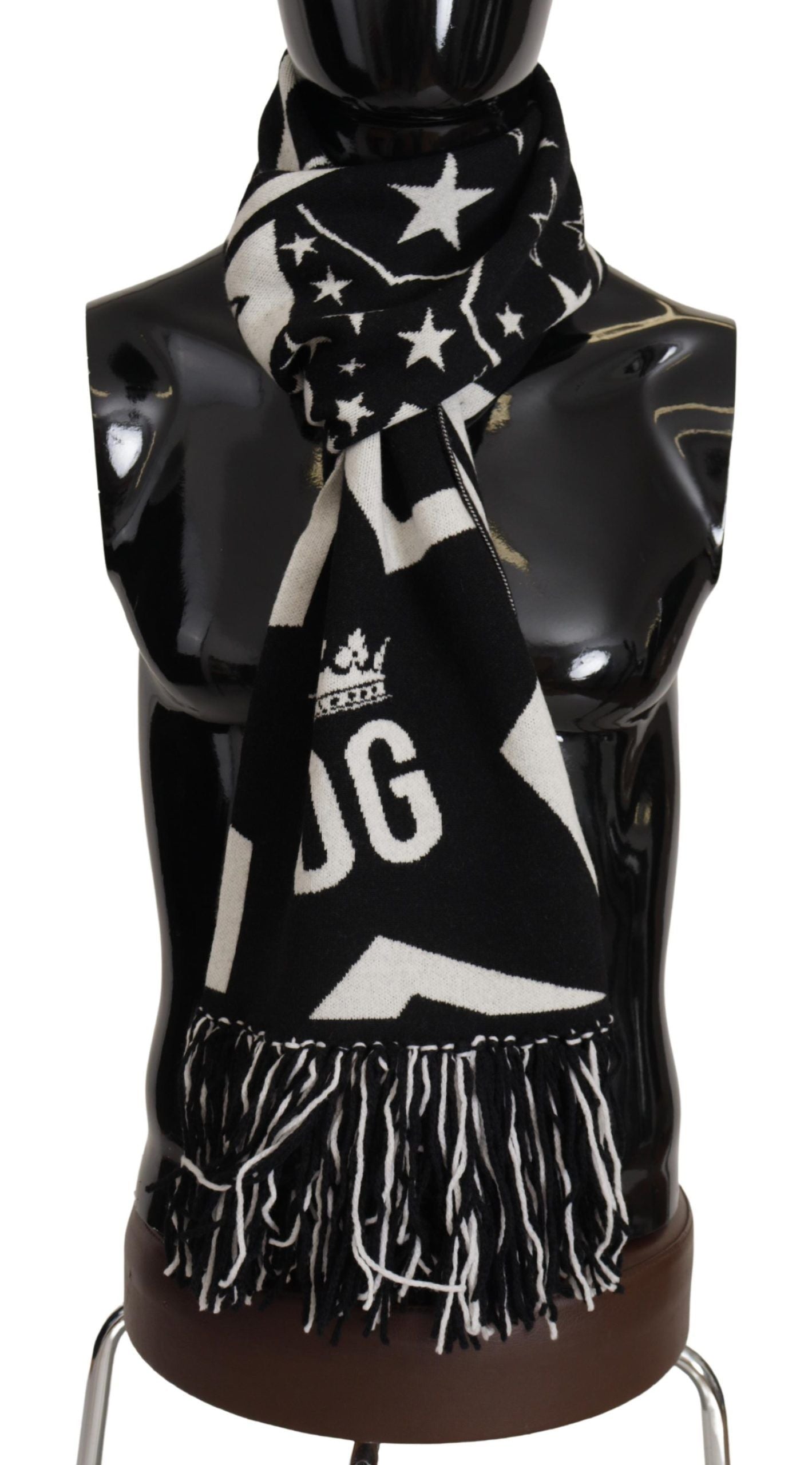 White Black DG Logo Star Printed Wool Fringe Scarf