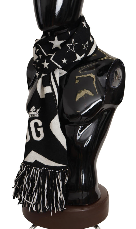 White Black DG Logo Star Printed Wool Fringe Scarf