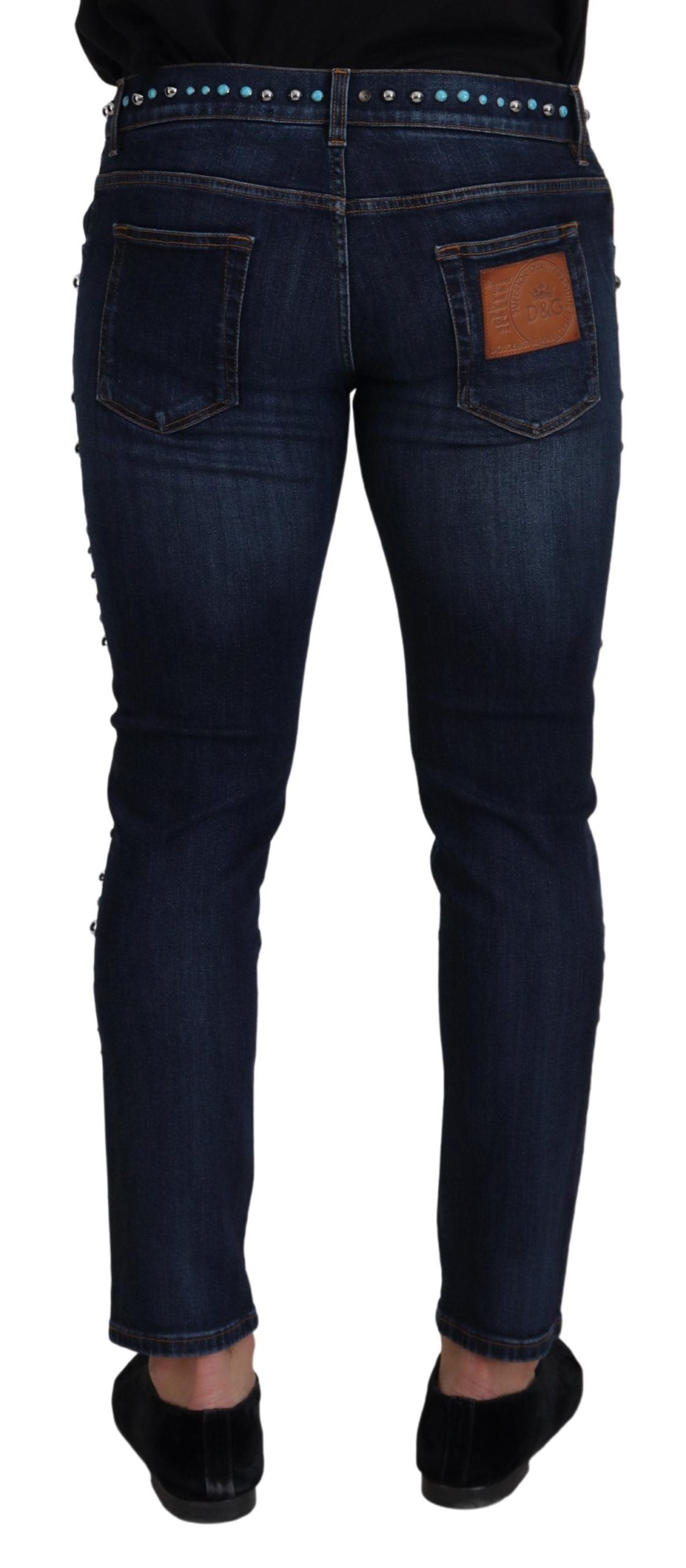 Blue Cotton Studded Low Waist Denim Jeans