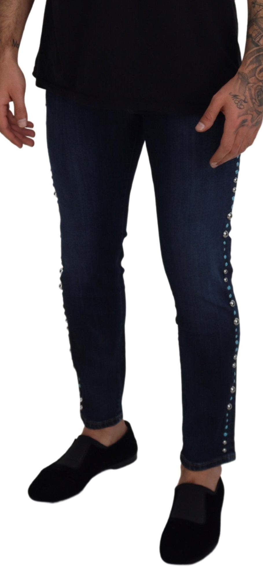 Blue Cotton Studded Low Waist Denim Jeans