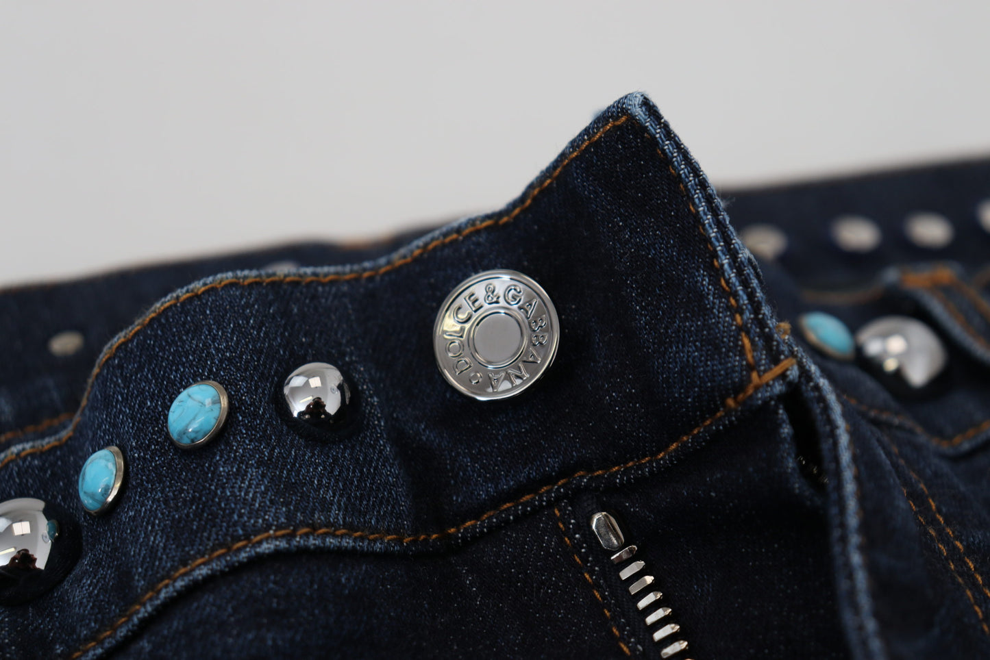 Blue Cotton Studded Low Waist Denim Jeans