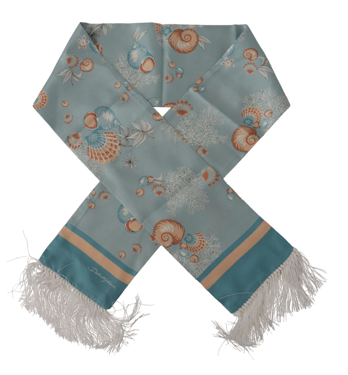 Blue Silk Shiny Shell-Print Neck Wrap Fringed Scarf