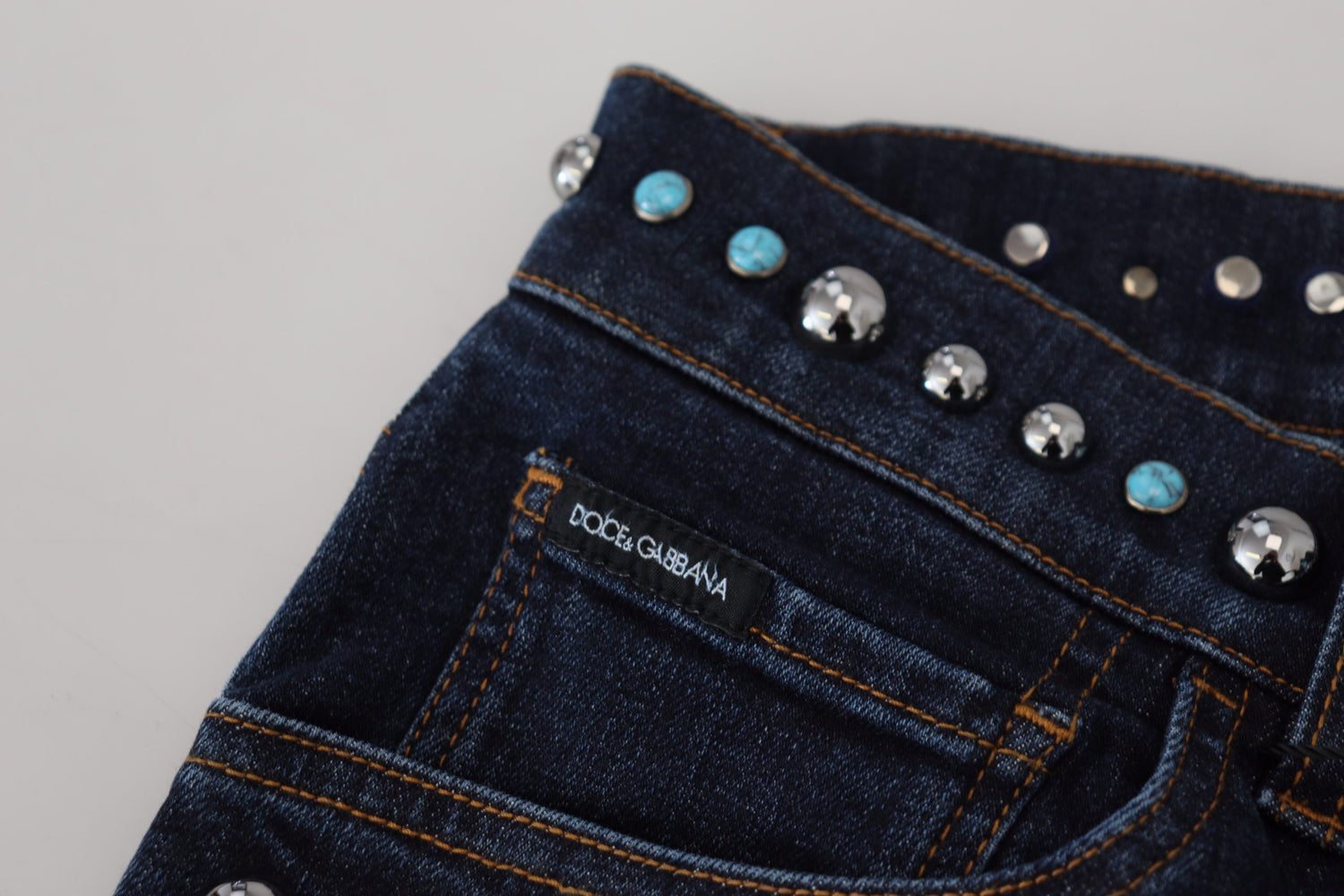 Blue Cotton Studded Low Waist Denim Jeans