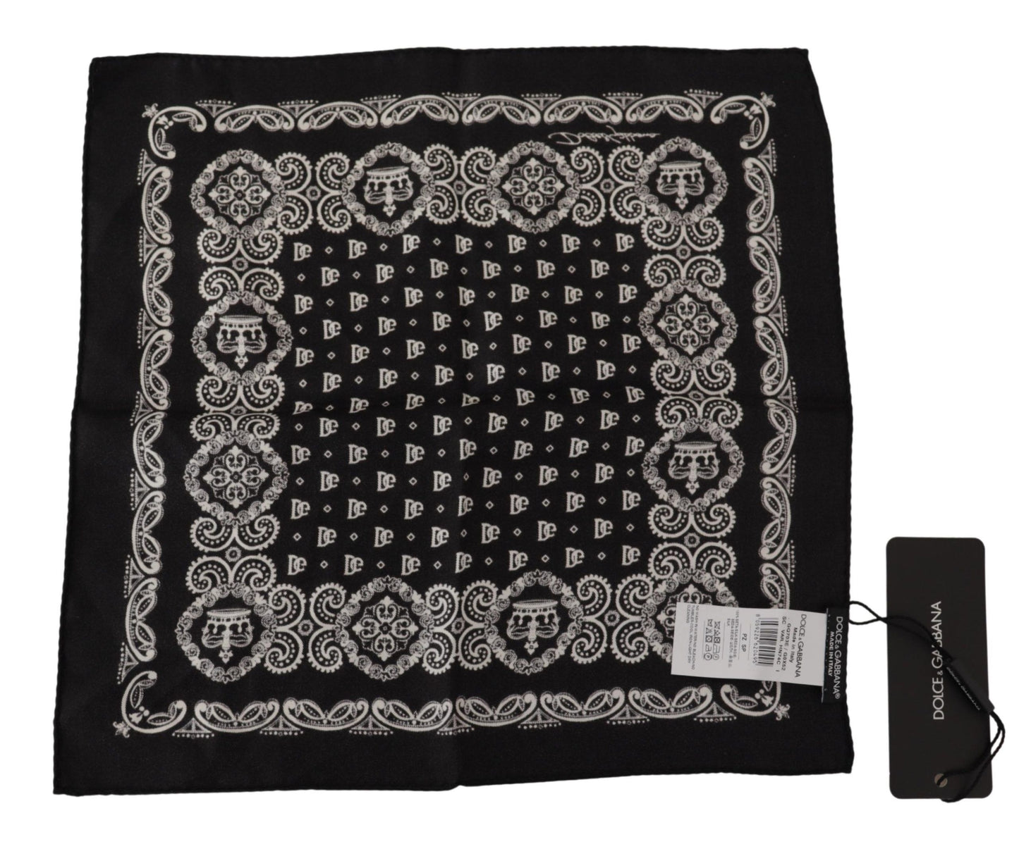 Black Silk DG Logo Crown Square Handkerchief Scarf