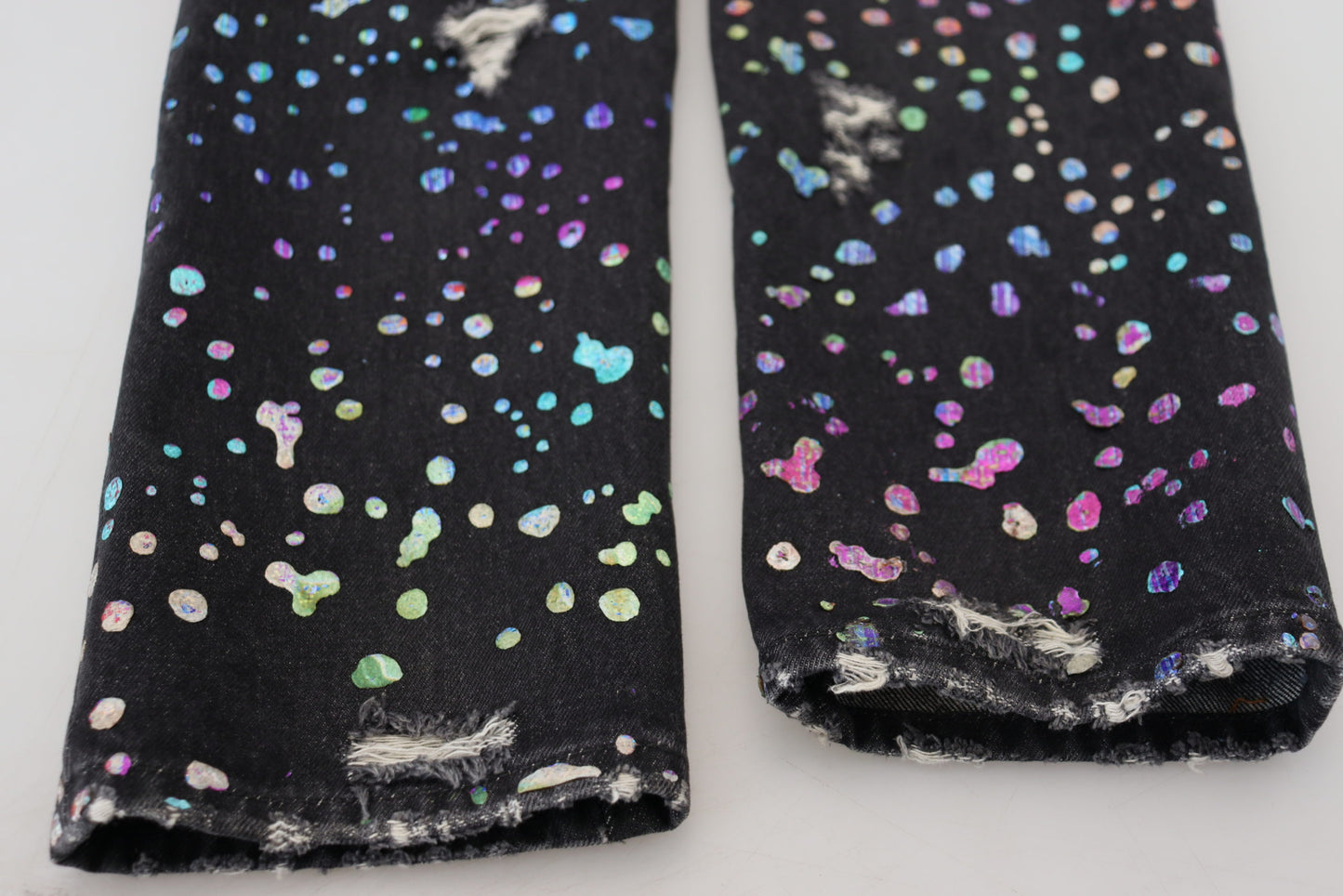 Black Multicolor Print Tattered Denim Jeans