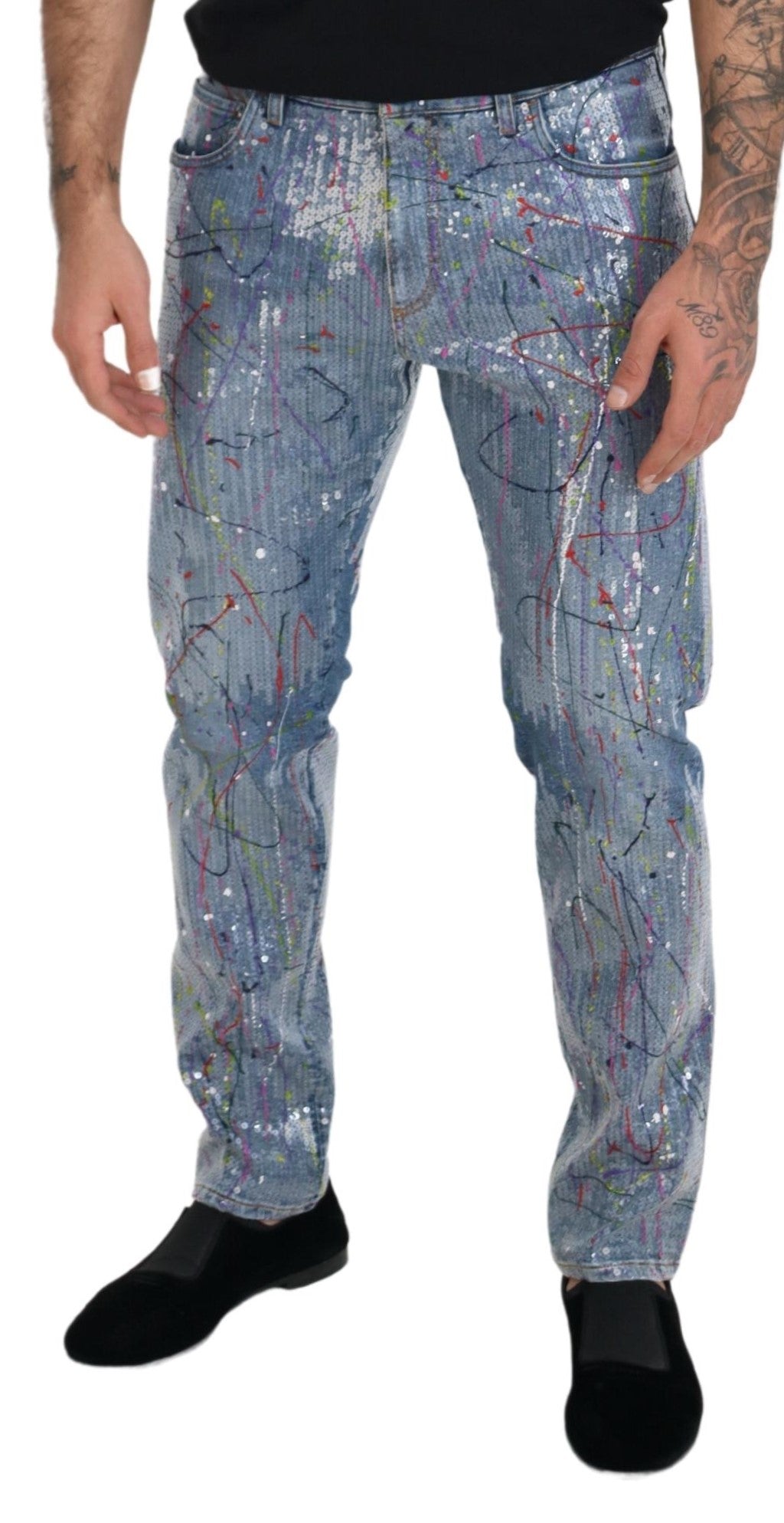 Blue Cotton Color Splash Print Denim Jeans