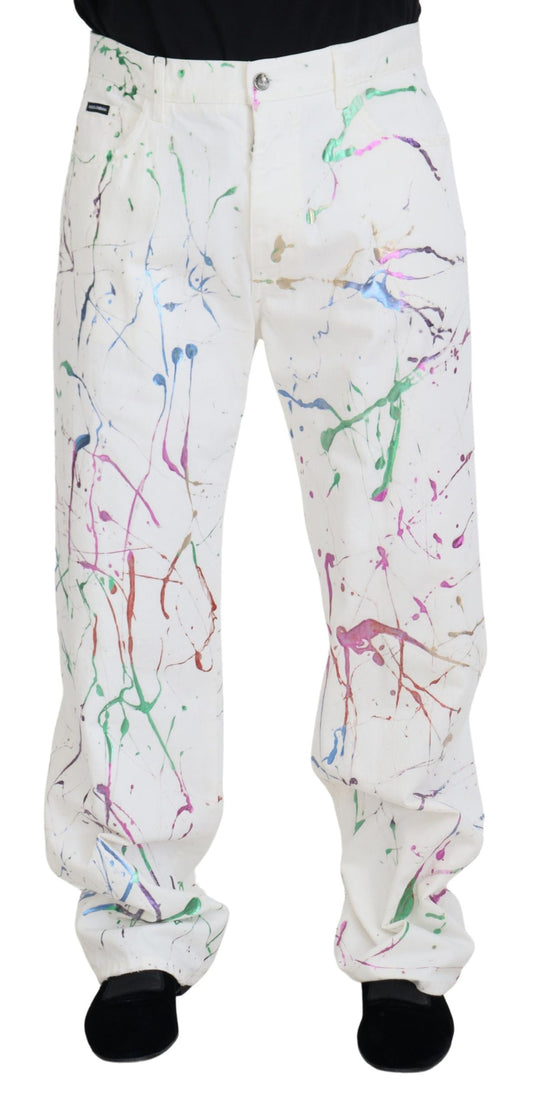 White Cotton Color Splash Print Denim Pants