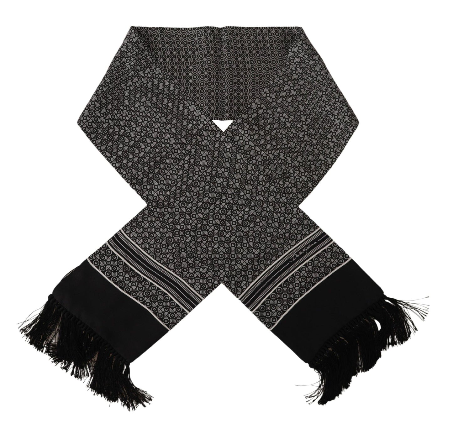 Black White 100% Silk Geometric Shawl Fringe Scarf