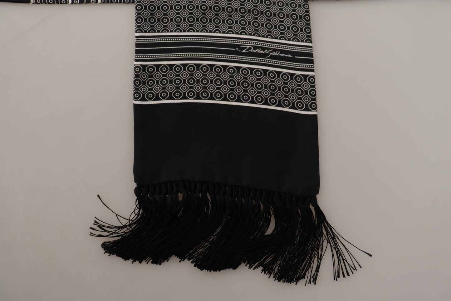 Black White 100% Silk Geometric Shawl Fringe Scarf