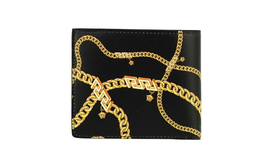 Black Smooth Leather Gold Medusa Head Chain Logo Bifold Organizer Wallet