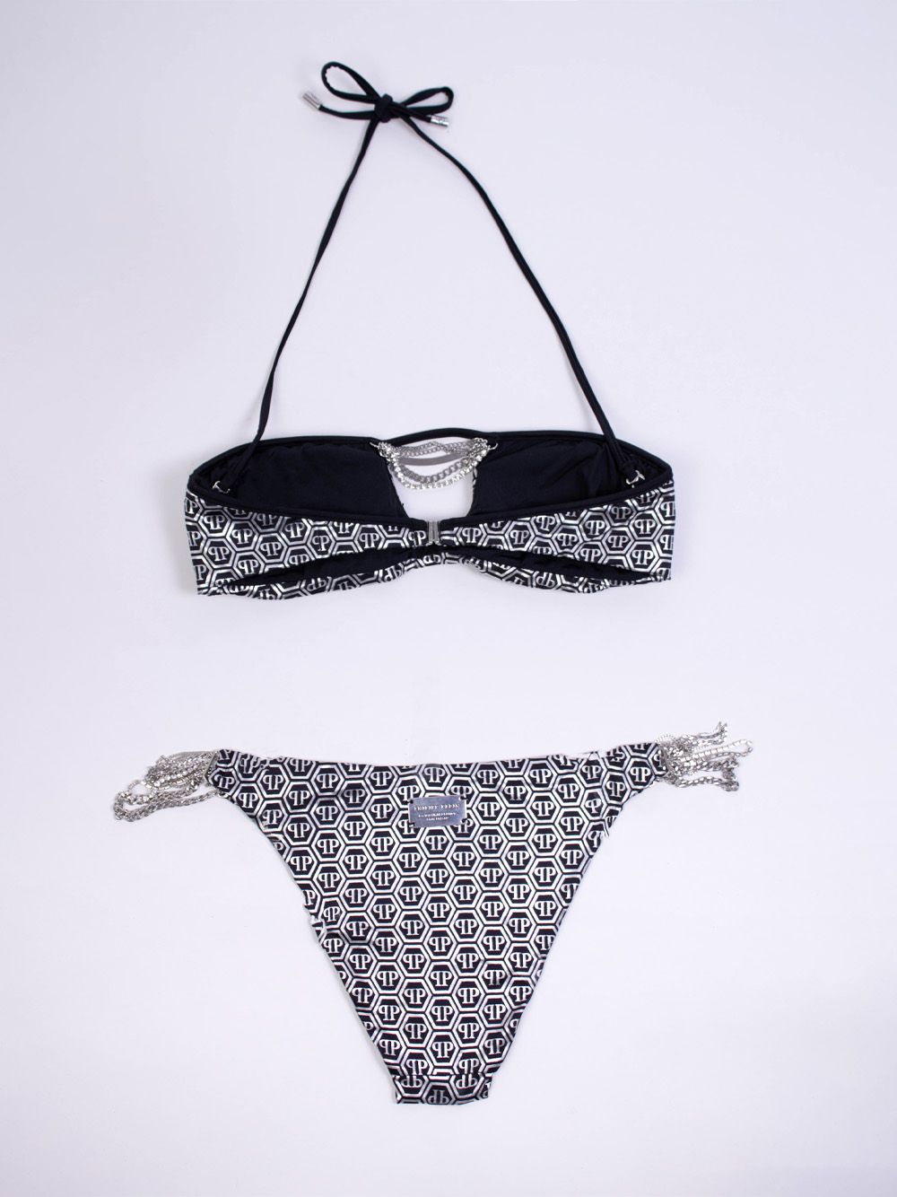 Chic Grey Lurex Bandeau Bikini with Chain Details