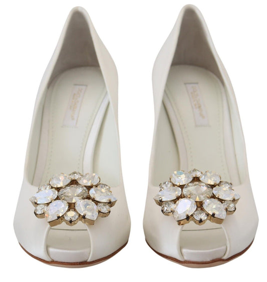 White Crystals Peep Toe Heel Satin Pumps