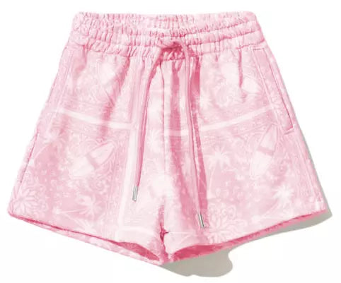 Abstract Pink Cotton Shorts with Drawstring