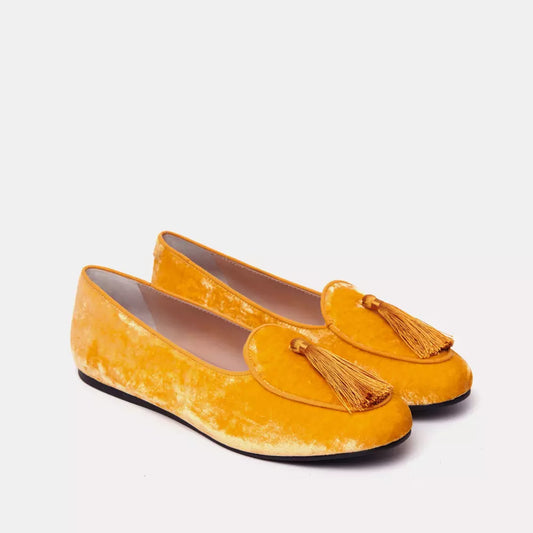 Elegant Velvet Yellow Flats with Tassel Detail